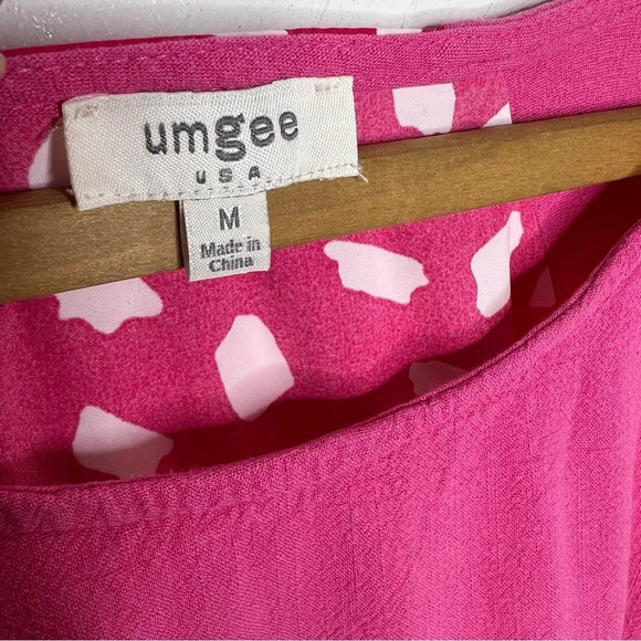 UMGEE Barbiecore Mixed Media Print Fringe Sleeve Pink Short Sleeve Tunic Blouse - Picture 7 of 8